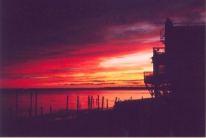 Beach house at sunset