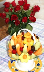 roses and fruit basket