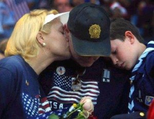 Family at 9-11 Memorial, New York memorial, September 11, Boy Scout and family, Credit - AP, September 23, 2001, Yankee Stadium