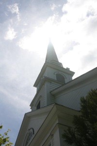 New England church, congregation, steeple, steeple in the sun, steeple in the clouds