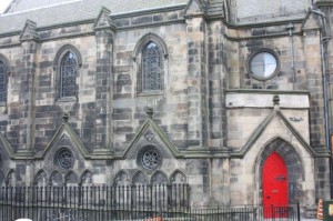 Red door on chapel, Scotland, red door