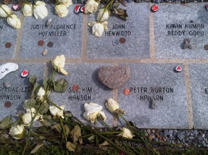 September 11 Memorial, heart stone, heart rock, roses on memorial, CT memorial, 9-11 memorial, names of lost souls