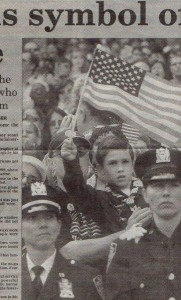 September 11 memorial, Yankee Stadium, Boy Scout, Scout waving flag, flag, Credit - AP, 9-11 Memorial
