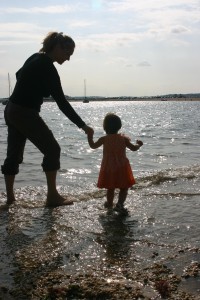 Beach house, Mom and toddler walking on the beach, sunset on beach mom and daughter enjoy, last days of summer