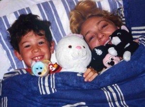 Mom & son, Sunday morning with stuffed animals, son and mom happy