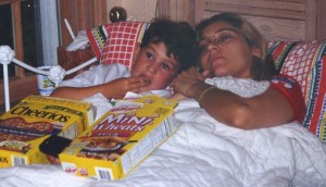 Mom & son eating Cheerios and Mini Wheats, Kellogg's, Mini Wheats, Cheerios, hanging out, watching TV, chillin
