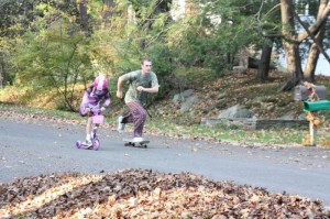 Teen son and little sister October 2011, skateboarding, scooter, teenager, 1st grader