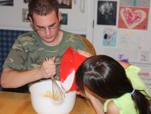 Superhero and Little Petal, Big Brother, little sister, chocolate chip cookies, making cookies