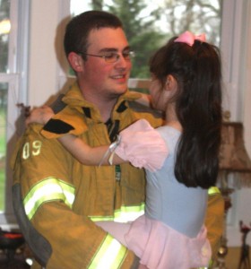 Superhero and Little Petal, Big Brother, little sister, firefighter uniform, ballerina