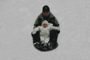 Superhero and Little Petal, Big Brother, little sister, sledding, snow, snow fun