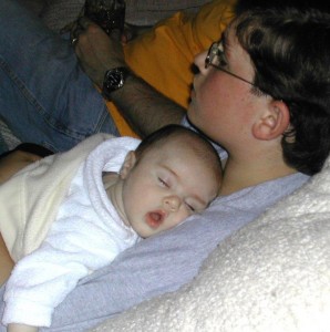 Superhero and Little Petal, Big Brother, little sister, sleeping on brother's shoulder, peaceful sleep