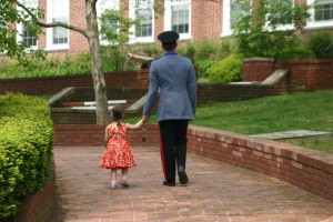 Superhero and Little Petal, Big Brother, little sister, taking a walk, red flower dress and uniform, brick walk