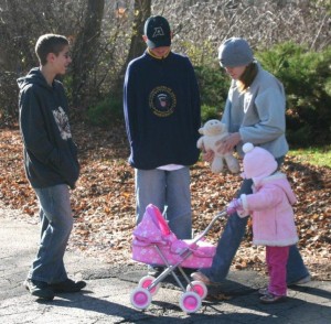 Superhero and Little Petal, Big Brother, little sister, teen stroller posse